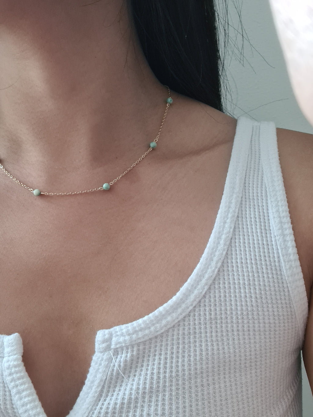 Amazonite choker necklace worn on neck