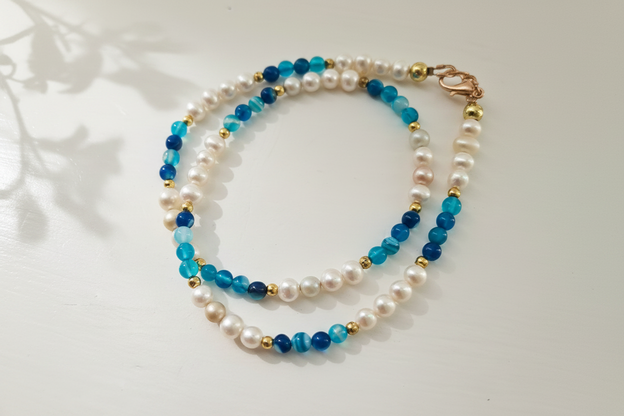 Handmade necklace – Blue Agate & Pearlso