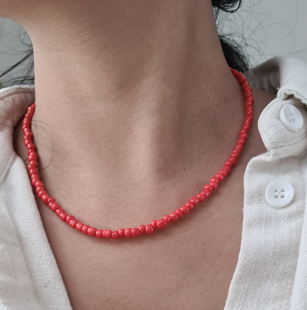 Trendy Red Seed Bead Choker, Minimalist Dainty Necklace