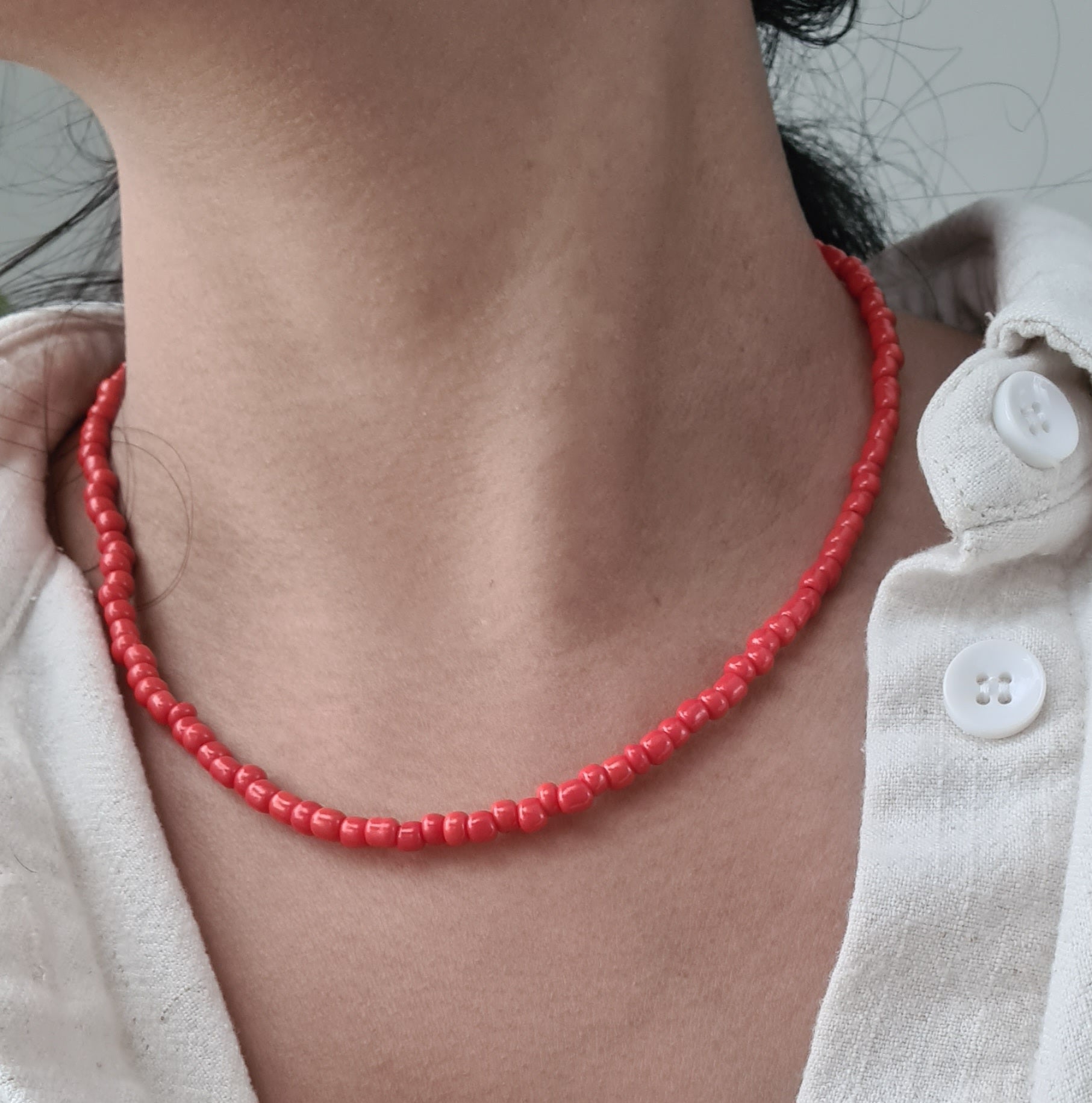 Trendy Red Seed Bead Choker, Minimalist Dainty Necklace