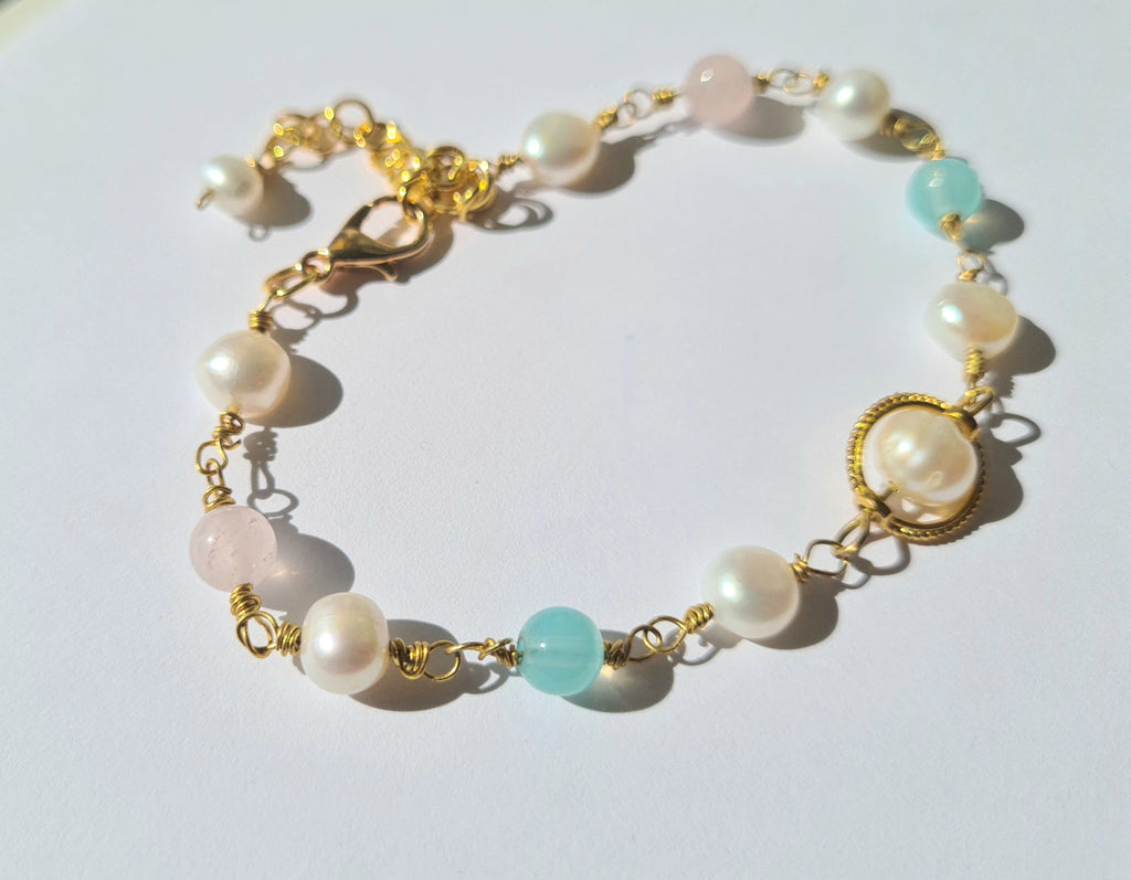 Handmade Pearl, Rose Quartz & Amazonite Gold Bracelet