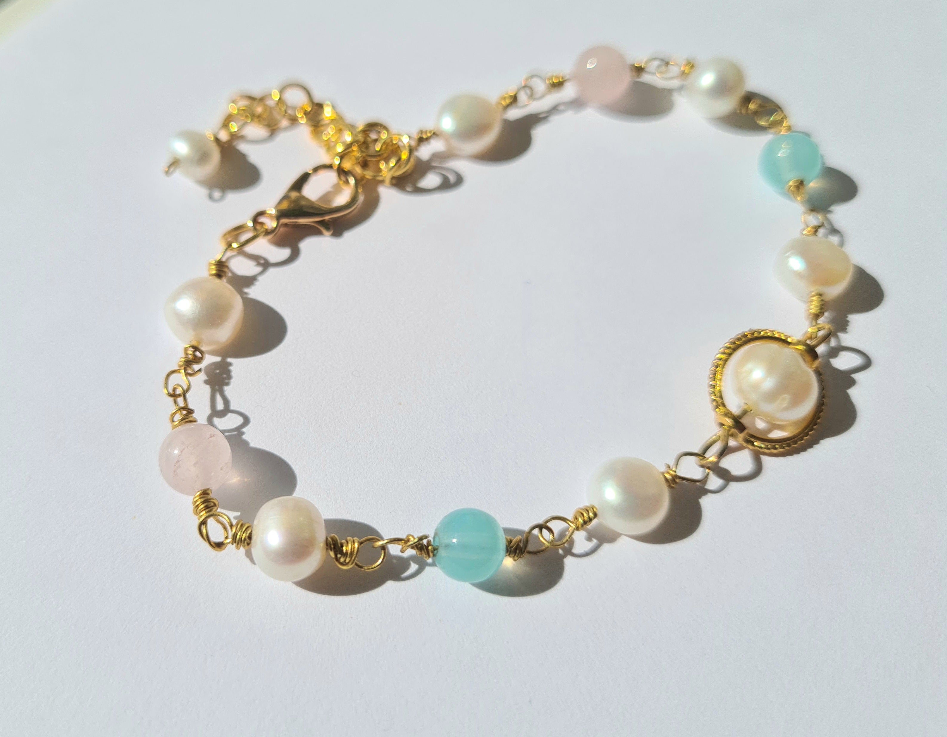 Handmade Pearl, Rose Quartz & Amazonite Gold Bracelet