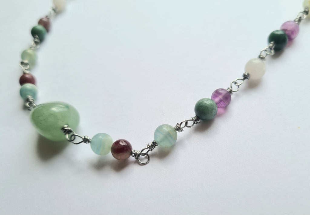 Handmade Wire-Wrapped Gemstone Necklace with Green Heart Stone