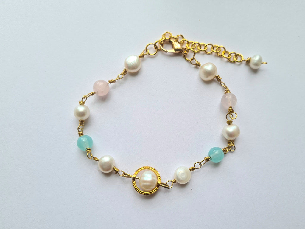 Handmade Pearl, Rose Quartz & Amazonite Gold Bracelet