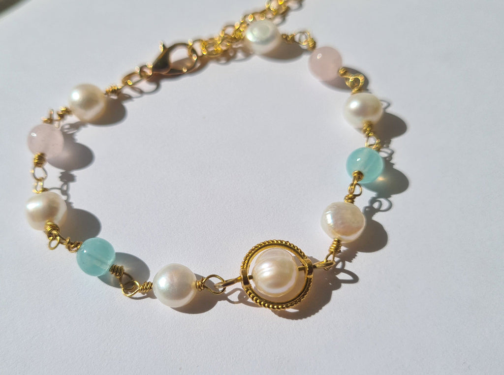 Handmade Pearl, Rose Quartz & Amazonite Gold Bracelet