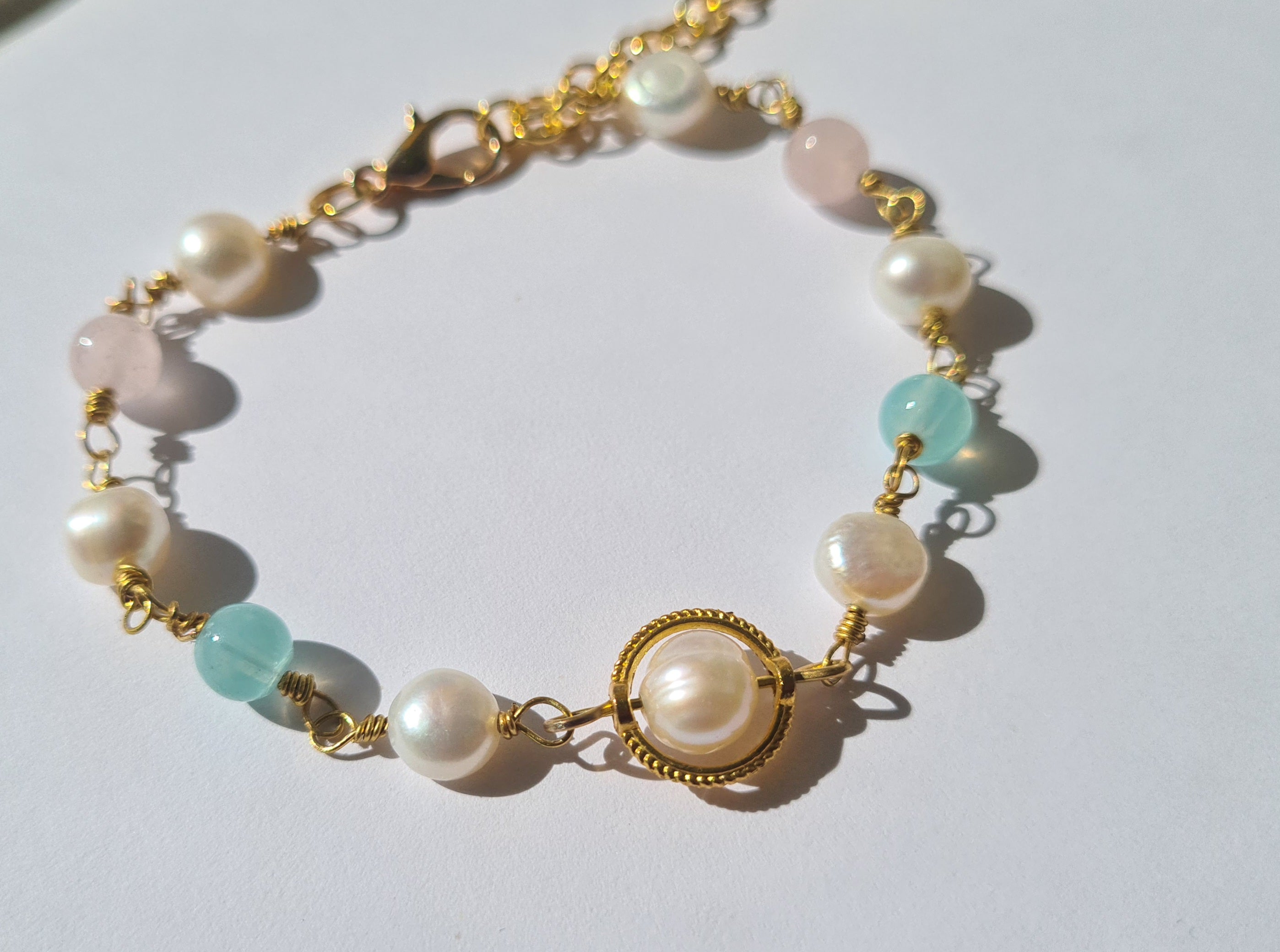 Handmade Pearl, Rose Quartz & Amazonite Gold Bracelet