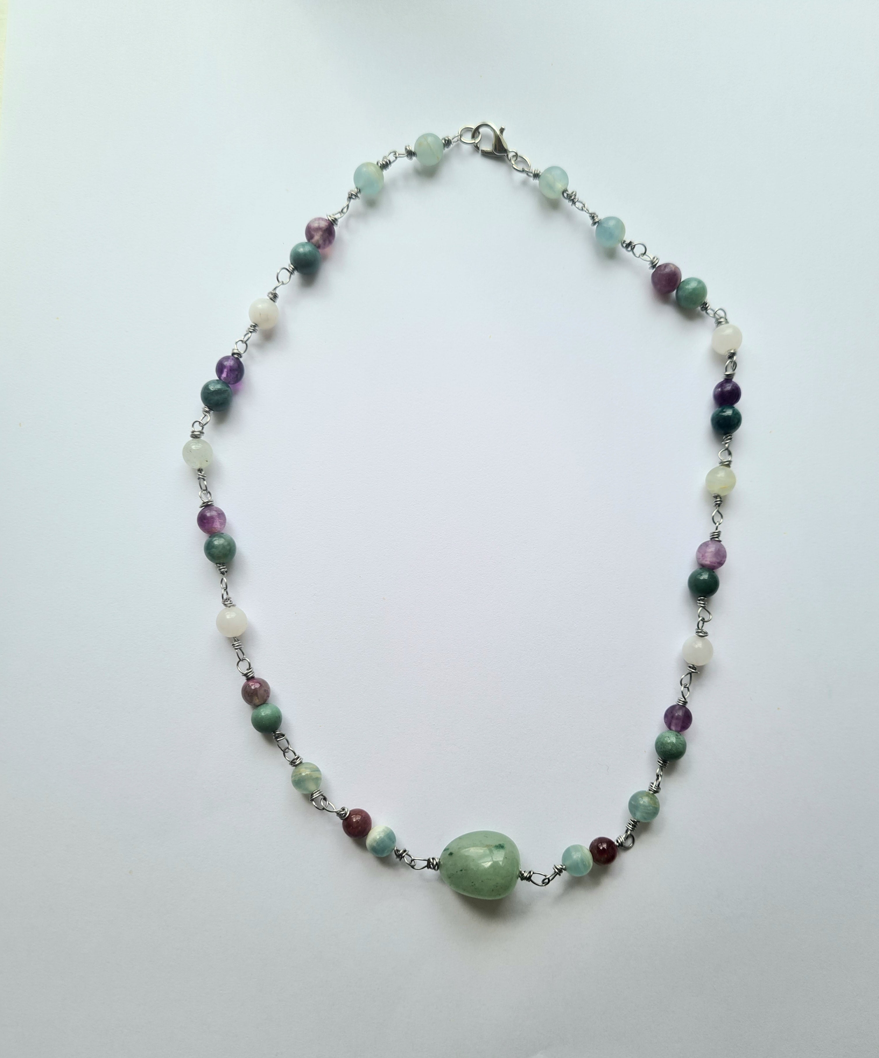 Handmade Wire-Wrapped Gemstone Necklace with Green Heart Stone