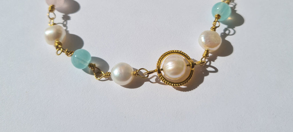 Handmade Pearl, Rose Quartz & Amazonite Gold Bracelet