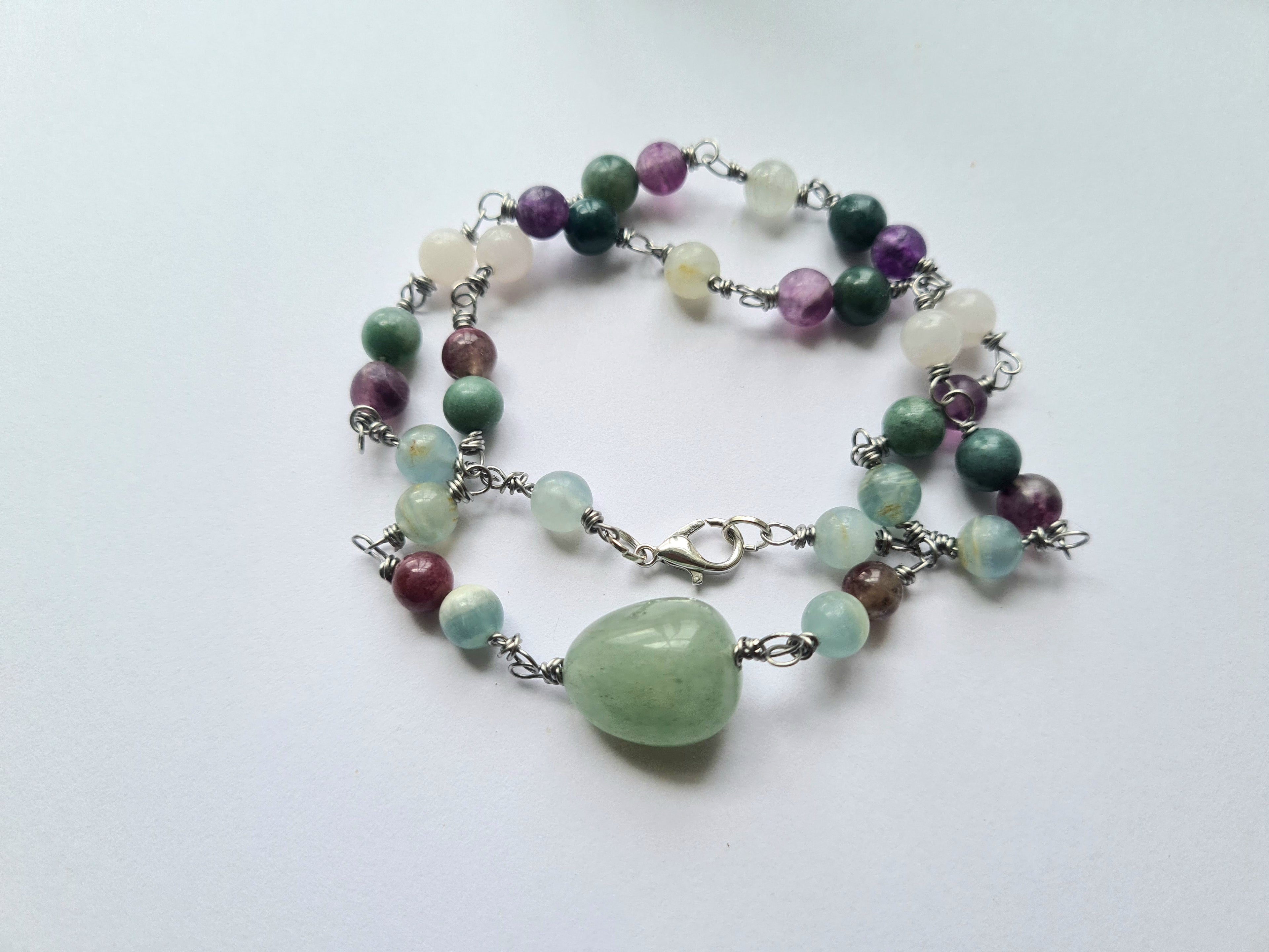 Handmade Wire-Wrapped Gemstone Necklace with Green Heart Stone