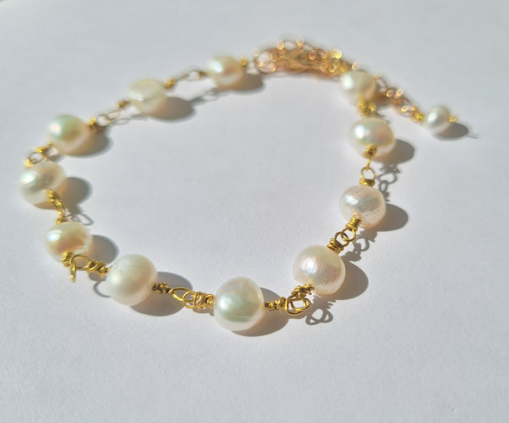 Handmade Freshwater Pearl Gold Wire-Wrapped Bracelet