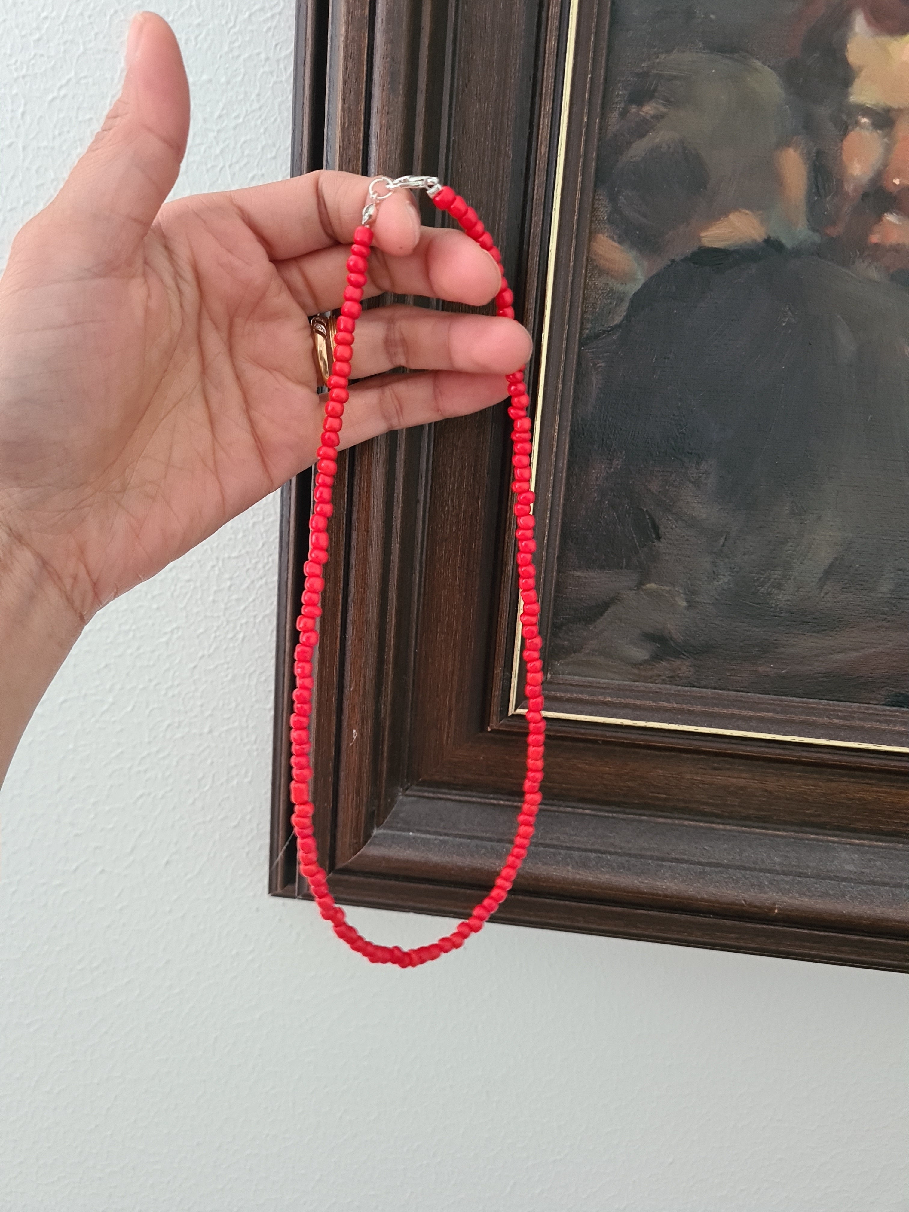 Trendy Red Seed Bead Choker, Minimalist Dainty Necklace