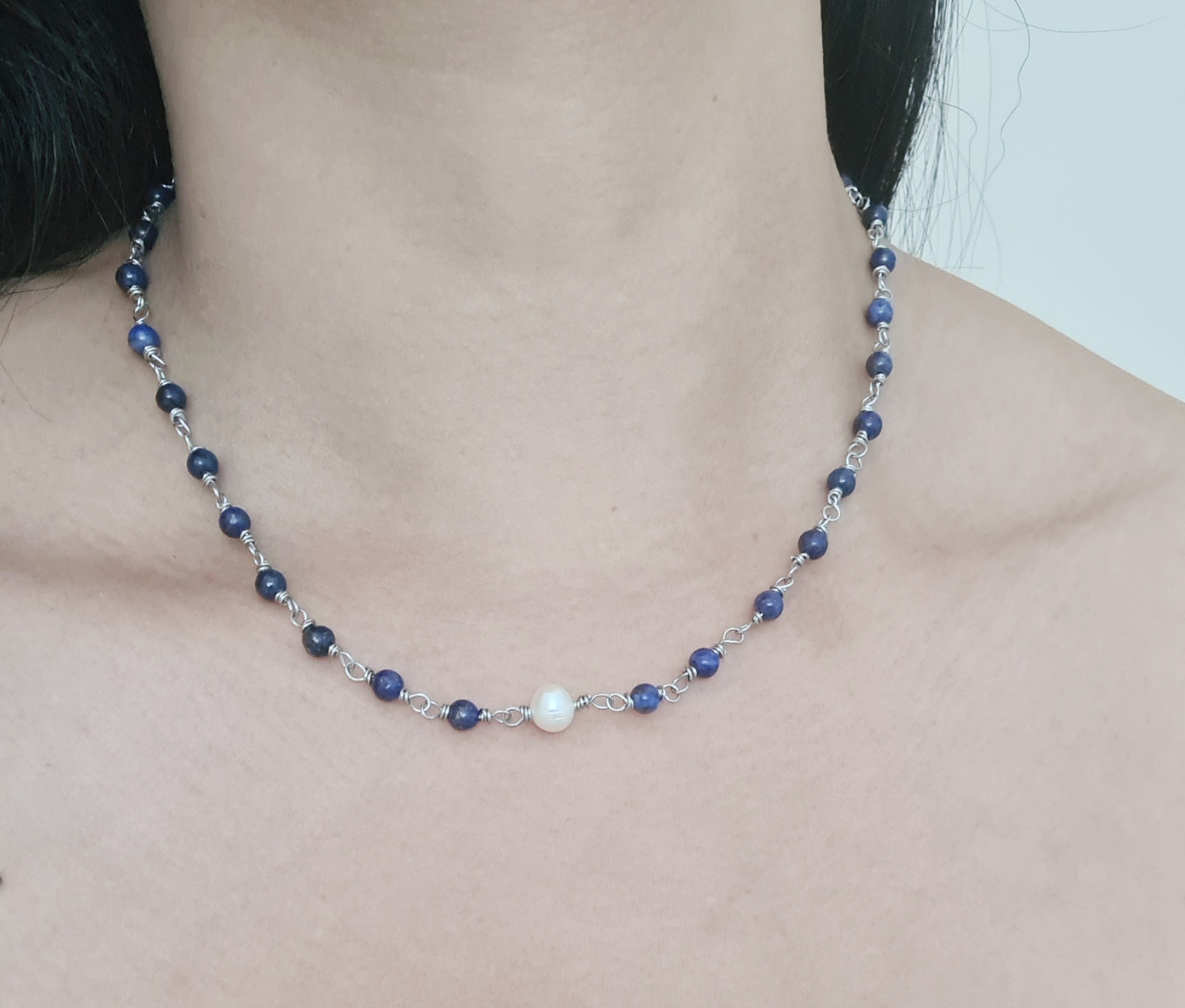 Handmade Lapis Lazuli & Freshwater Pearl Necklace